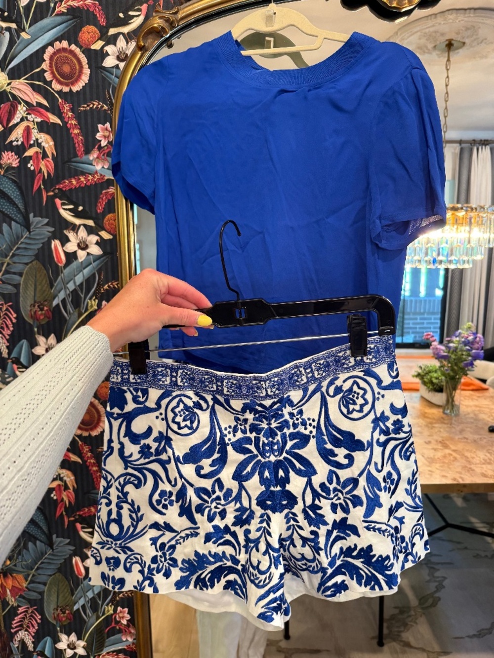 Alice and Olivia blue and white embroidered shirt with blue gauze top
